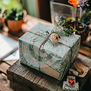 A green box with a floral design and a tag that says Merry Day