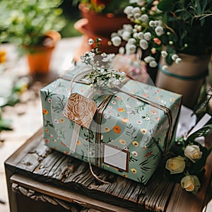 A green box with a floral design and a tag that says Merry Day