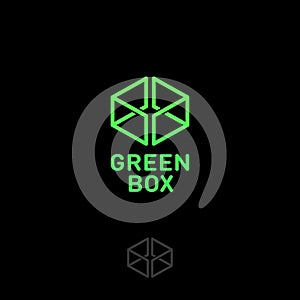 Green box logo. Online, shop of gifts. Icon consist of thin lines.