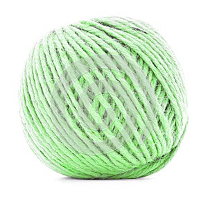 Green braided skein, crochet yarn roll isolated on white background