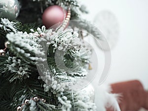 The green branch of the Christmas tree. decorated with snow and Christmas decorations. Close-up