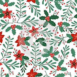 Green branch - Seamless pattern with christmas flower, omela, leaf