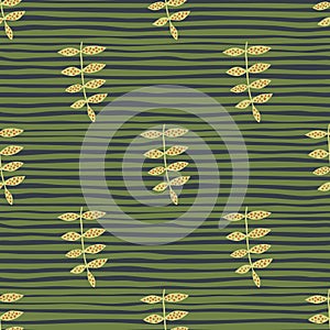 Green branch seamless pattern on stripe background. Vintage floral ornament. Retro botanical backdrop