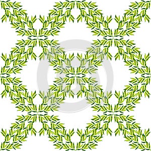 Green branches leaves geomantic rhombuses shades greens vegetation nature watercolor pattern background isolated on white backgrou