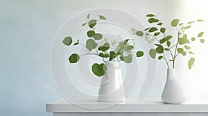 Green Branches in vase on table with light on window