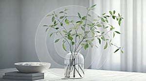 Green Branches in vase on table with light on window