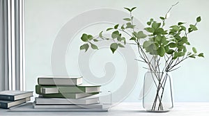 Green Branches in vase on table with light on window