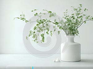 Green Branches in vase on table with light on window