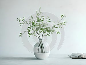 Green Branches in vase on table with light on window