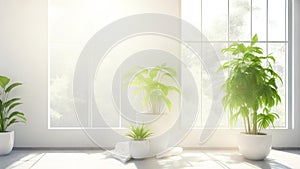 Green Branches in vase on table with light on window