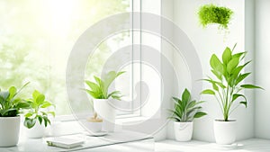 Green Branches in vase on table with light on window