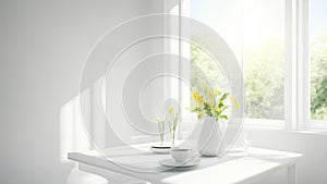 Green Branches in vase on table with light on window