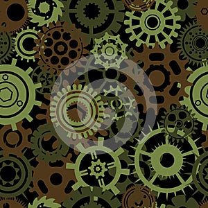 Green, brown and black camouflage silhouettes of gears and cogs