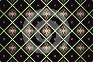 Green brown checkered pattern of squares and flower shapes on a black background.