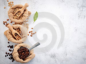 Green and brown decaf unroasted and dark roasted coffee beans in hemp sack bags with scoops setup on white concrete background