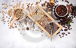 Green and brown decaf unroasted and dark roasted coffee beans in wooden box with scoops setup on white concrete background