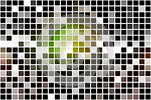 Green brown yellow black occasional opacity mosaic over white