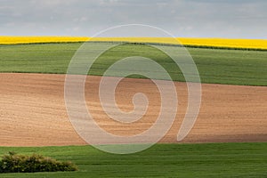 Green, brown and yellow-coloured fields as layers