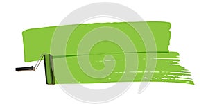 Green brush stroke with paint roller isolated on white background. Vector design element.