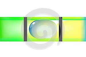 Green bubble level, tool isolated on white background. Macro top view, construction instrument. Spirit level close up. Ruler