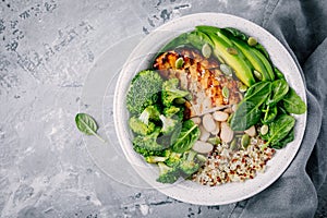 Green buddha bowl lunch with grilled chicken and quinoa, spinach, avocado, broccoli and white beans