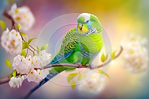 Green budgerigar on cherry blossom branch, selective focus. AI Generated