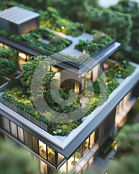 Green building design, lush rooftop gardens, model, aerial view, bright natural light , 8K resolution