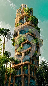 Green building with garden. Parametric solapunk eco-architecture. Green city sustainability. Ai generated art illustration