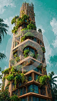 Green building with garden. Parametric solapunk eco-architecture. Green city sustainability. Ai generated art illustration