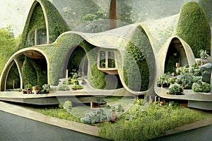 Green building with garden. Parametric solapunk eco-architecture. Green city sustainability. Ai generated art illustration