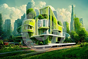 Green building with garden. Parametric solapunk eco-architecture. Green city sustainability. Ai generated art illustration