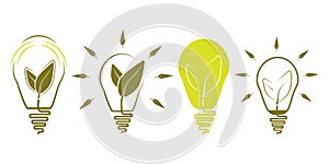 Green bulb. Set of creative bulb with two green leafs inside. Ecological green energy concept. Green idea, logo. Save nature,