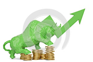Green bull with coins and uprise arrow.3D illustration.