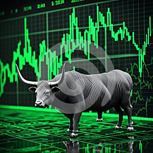 Green bull surrounded by green charts with trading background