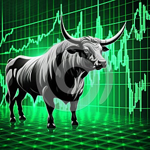 Green bull surrounded by green charts with trading background