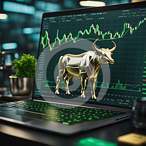 Green bull surrounded by green charts with trading background