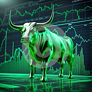 Green bull surrounded by green charts with trading background