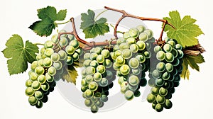 Green bunches of grapes hang gracefully on the vine branch against.