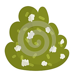 Green bush with white flowers cartoon style. Simplified nature element for kids illustration. Vector illustration of