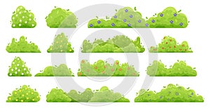 Green bushes with flowers. Cartoon forest and park shrubbery with flowers. Vector decorative hedge isolated set