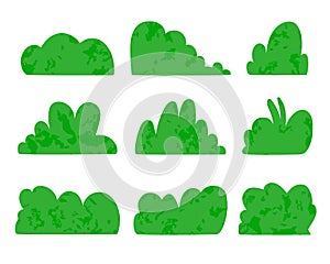 Green bushes set, textured natural plants, flat design, minimalist.Nature park and forest eco decoration.Isolated. Vector