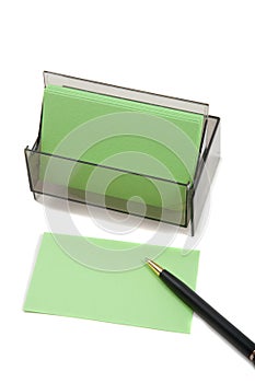 Green Business (blank) card on White with pen