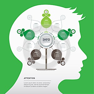 Green Business presentation concept with five or nine options, parts, steps or processes. Tree of development and growth of the
