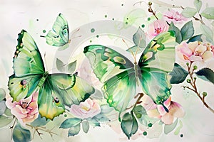 Green Butterflies and Pink Flowers Painting