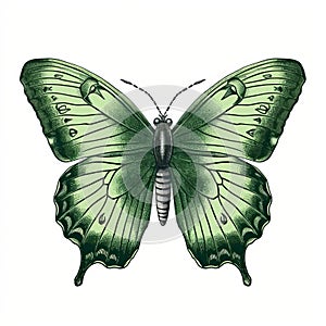 Green Butterfly Illustration: Detailed Engraving With Gothic Undertones