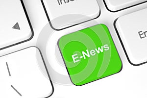 Green button with E-News words on the keyboard, social media concept