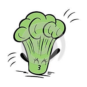 Green cabbage Broccoli doodle drawing, funny healthy eating illustration, isolated on white background.