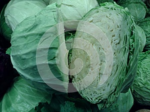 Green Cabbage Cut In Half To See The Inside