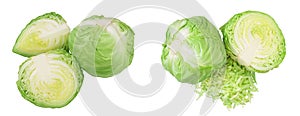 Green cabbage with half isolated on white background with  full depth of field. Top view. Flat lay