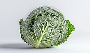 A green cabbage is sitting on a white surface